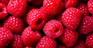 Eco raspberry. Macro of fresh organic natural berries. Fruit red background - AI generated image photo