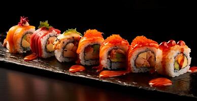 Rolls with salmon, avocado, tuna and cucumber on a dark background. Japanese Cuisine - AI Generated Image photo