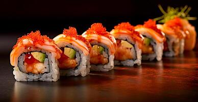 rollos con salmón, palta, atún y Pepino en un oscuro antecedentes. japonés cocina - ai generado imagen foto