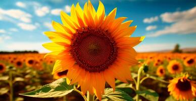 campo de girasoles en floración, caliente soleado verano, panorámico brillante antecedentes - ai generado imagen foto