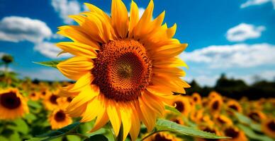 Field of sunflowers in bloom, hot sunny summer, panoramic bright background - AI generated image photo