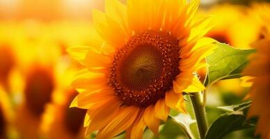 Field of sunflowers in bloom, hot sunny summer, macro shot - AI generated image photo