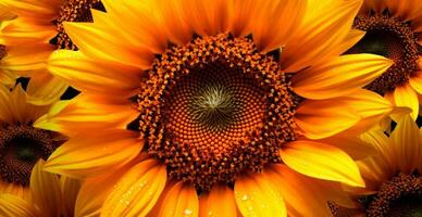 Field of sunflowers in bloom, hot sunny summer, macro shot - AI generated image photo