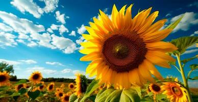 Field of sunflowers in bloom, hot sunny summer, panoramic bright background - AI generated image photo