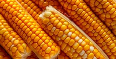 Bright corncob, yellow seeds, top view - AI generated image photo