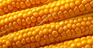 Bright corncob, yellow seeds, top view - AI generated image photo