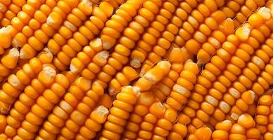 Peeled corn cob, yellow seeds, top view - AI generated image photo