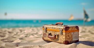Summer travel and tourism, bright suitcase on a beautiful sandy beach. Vacation travel - AI generated image photo