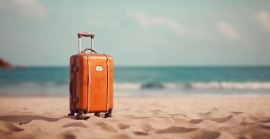 Summer travel and tourism, bright suitcase on a beautiful sandy beach. Vacation travel - AI generated image photo