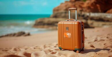 Summer travel and tourism, bright suitcase on a beautiful sandy beach. Vacation travel - AI generated image photo