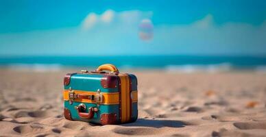 verano viaje y turismo, brillante maleta en un hermosa arenoso playa. vacaciones viaje - ai generado imagen foto