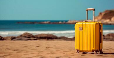 Summer travel and tourism, yellow suitcase on a beautiful sandy beach. Vacation travel - AI generated image photo