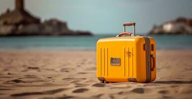 verano viaje y turismo, amarillo maleta en un hermosa arenoso playa. vacaciones viaje - ai generado imagen foto