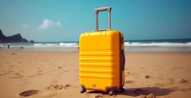 Summer travel and tourism, yellow suitcase on a beautiful sandy beach. Vacation travel - AI generated image photo