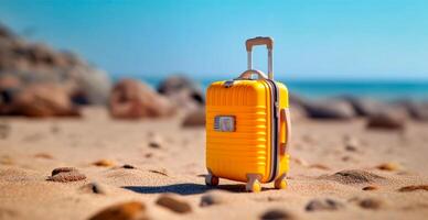 Summer travel and tourism, yellow suitcase on a beautiful sandy beach. Vacation travel - AI generated image photo