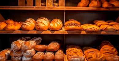 Fresh baked bread on bakery showcase, wheat products - AI generated image photo