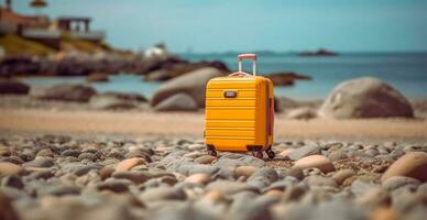 Summer travel and tourism, yellow suitcase on a beautiful sandy beach. Vacation travel - AI generated image photo