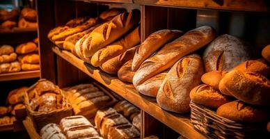 Fresh baked bread on bakery showcase, wheat products - AI generated image photo