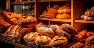 Fresh baked bread on bakery showcase, wheat products - AI generated image photo