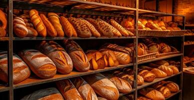 Fresco horneado un pan en panadería escaparate, trigo productos - ai generado imagen foto