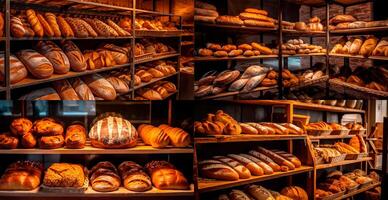 Fresh baked bread on bakery showcase, wheat products - image photo