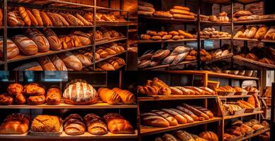 Fresh baked bread on bakery showcase, wheat products - AI generated image photo