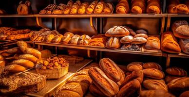 Fresh baked bread on bakery showcase, wheat products - image photo
