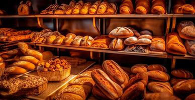 Fresh baked bread on bakery showcase, wheat products - AI generated image photo