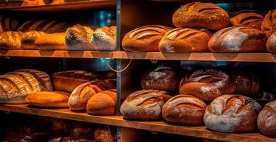 Fresco horneado un pan en panadería escaparate, trigo productos - ai generado imagen foto