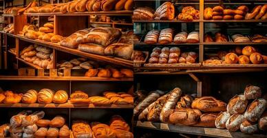 Fresh baked bread on bakery showcase, wheat products - AI generated image photo