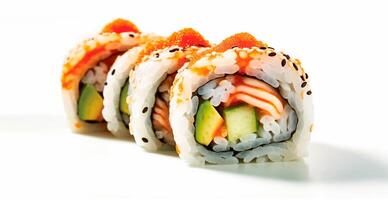 Rolls with salmon, avocado, tuna and cucumber on a white background. Japanese Cuisine - Image photo