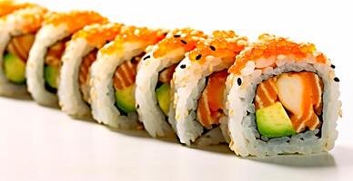 Rolls with salmon, avocado, tuna and cucumber on a white background. Japanese Cuisine - Image photo