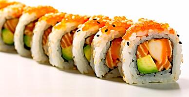 Rolls with salmon, avocado, tuna and cucumber on a white background. Japanese Cuisine - AI Generated Image photo