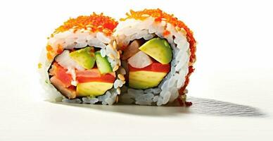 Rolls with salmon, avocado, tuna and cucumber on a white background. Japanese Cuisine - AI Generated Image photo