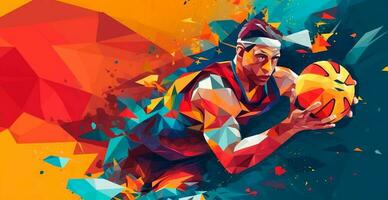 Abstract basketball panoramic background, basketball player with ball - AI generated image photo