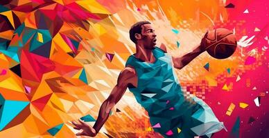 Abstract basketball panoramic background, basketball player with ball - AI generated image photo