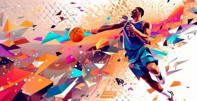 Abstract basketball panoramic background, basketball player with ball - AI generated image photo