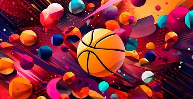 Abstract basketball panoramic background, orange basketball - AI generated image photo