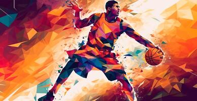 Abstract basketball panoramic background, basketball player with ball - AI generated image photo