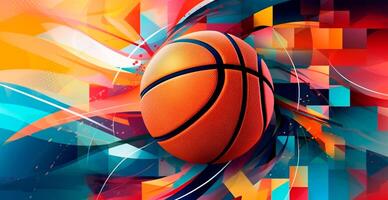 Abstract basketball panoramic background, orange basketball - AI generated image photo