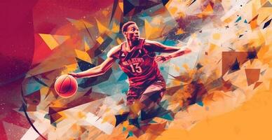 Abstract basketball panoramic background, basketball player with ball - AI generated image photo