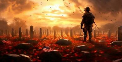 lápidas con nosotros banderas a Arlington nacional cementerio en monumento día - ai generado imagen foto
