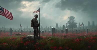 Headstones with US flags at Arlington National Cemetery on Memorial Day - AI generated image photo