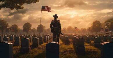 Headstones with US flags at Arlington National Cemetery on Memorial Day - AI generated image photo