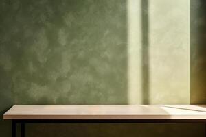 Empty minimal table and green texture wall background. Composition mock up for branding product, cosmetic presentation with window shadows on the wall with light reflections. photo