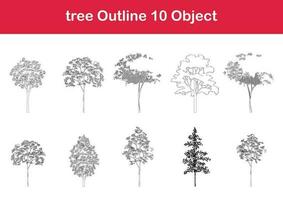 tree line drawing, Side view, graphics trees elements single object outline minimal plant symbol for architecture and landscape design. Vector illustration in stroke fill in white. forest, tropical.