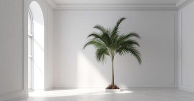 An empty room surrounded by a palm tree and white drywall, Illustration photo