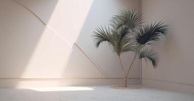 un vacío habitación rodeado por un palma árbol y blanco paneles de yeso, ilustración ai generativo foto