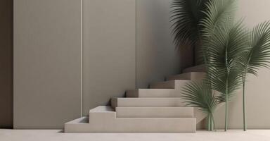 An empty room surrounded by a palm tree and white drywall, Illustration photo