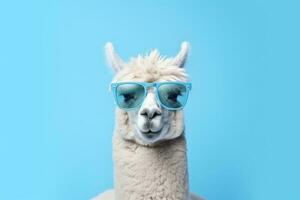 Cute Funny Lama in Sunglasses. Illustration AI Generative photo